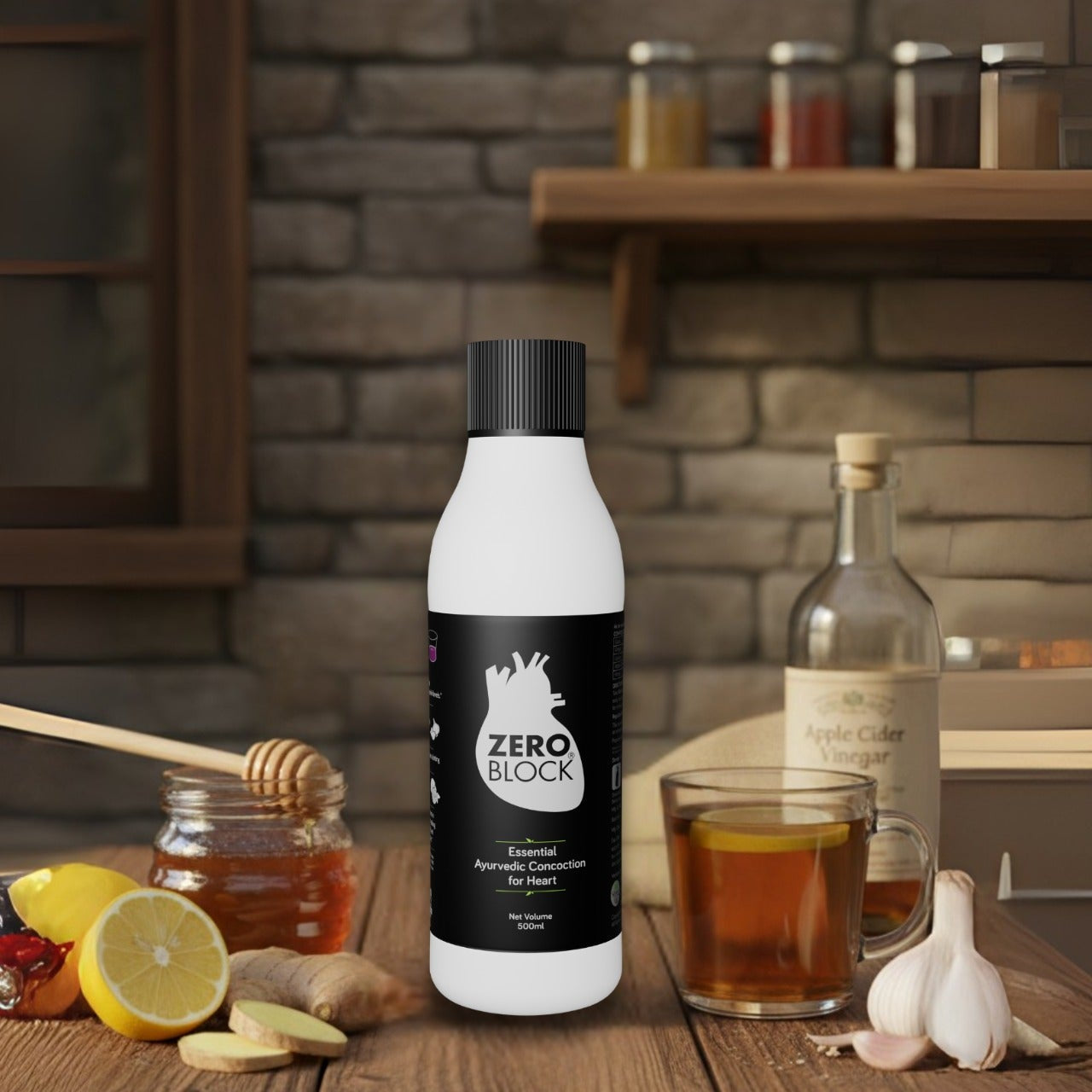Bottle of Zero Block product on a wooden table with kitchen background