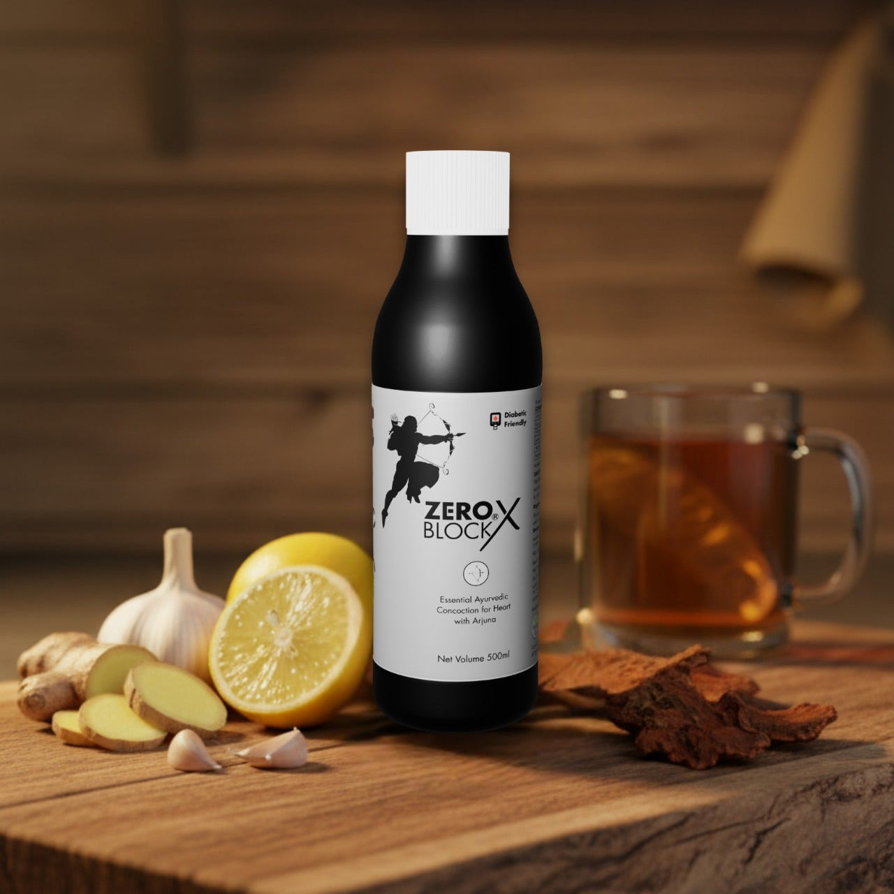 Bottle of Zero X Block on a wooden surface with lemons, garlic, and a mug in the background.