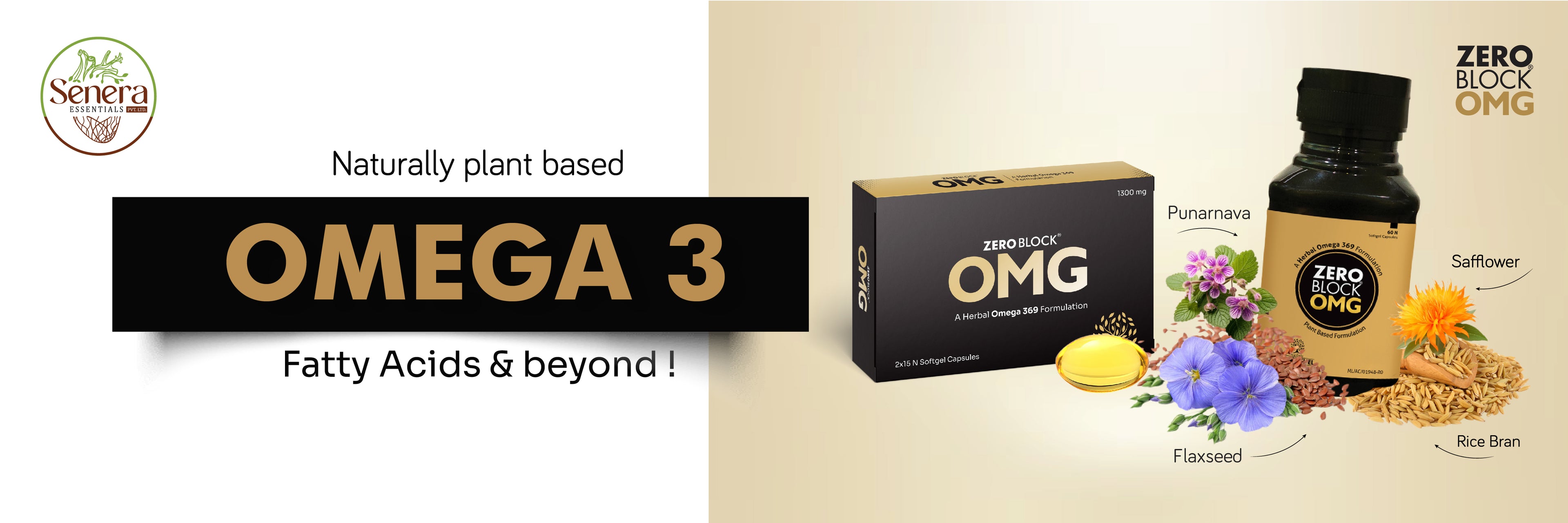 Omega 3 product packaging with branding and natural elements on a beige background