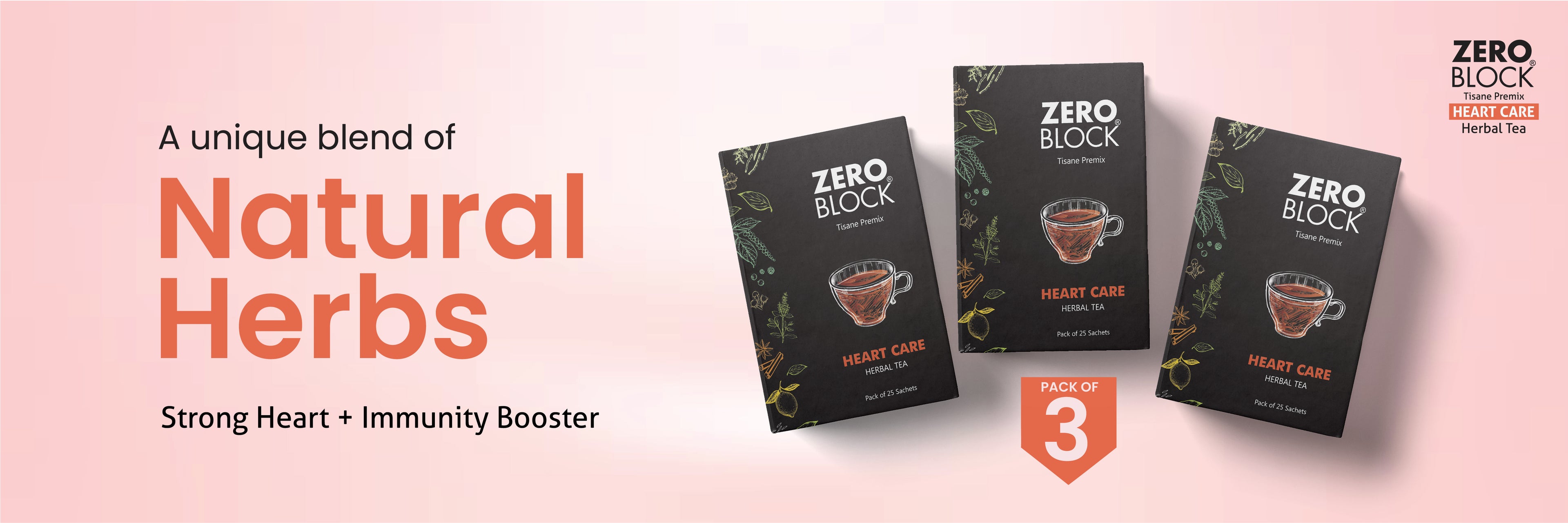 Three boxes of 'Zero Block' herbal tea on a pink background with text about natural herbs and health benefits.