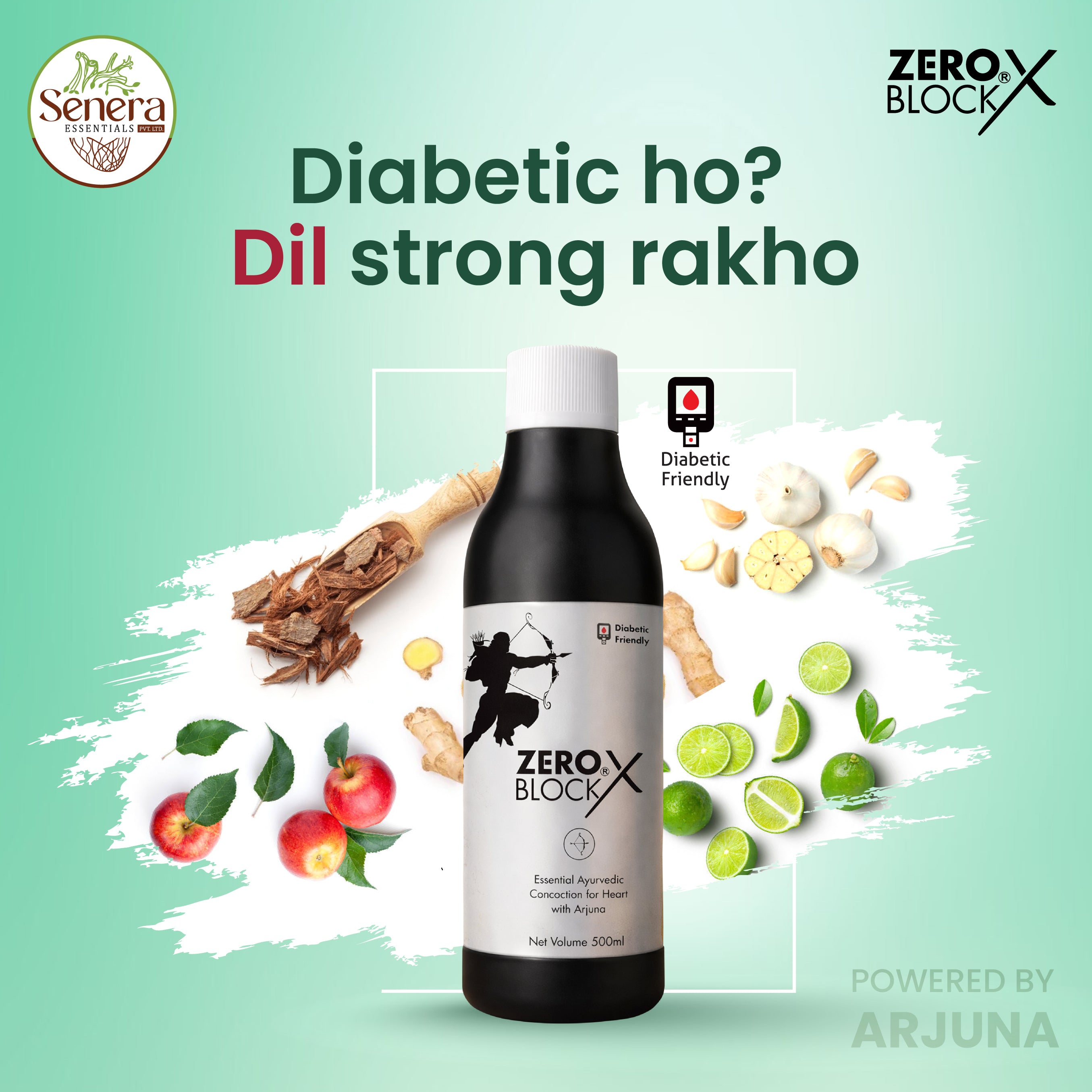 Bottle of Zero Block X with ingredients on a green background, featuring Senera and Arjuna logos.