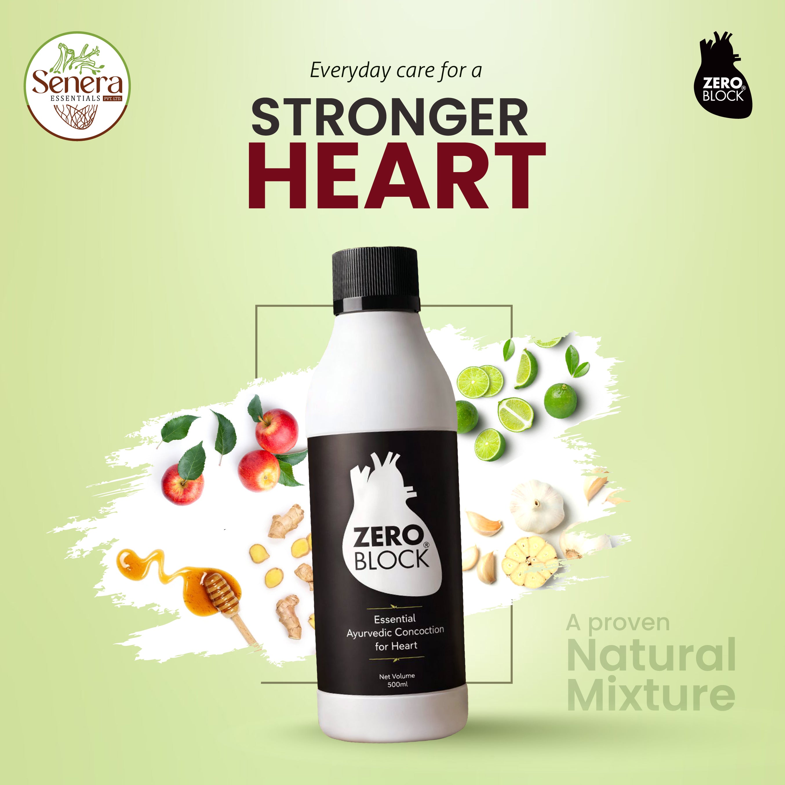 Zero Block bottle with fruits and herbs on a green background, promoting heart health.